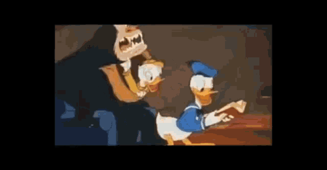 donald duck is reading a book while sitting next to a gorilla