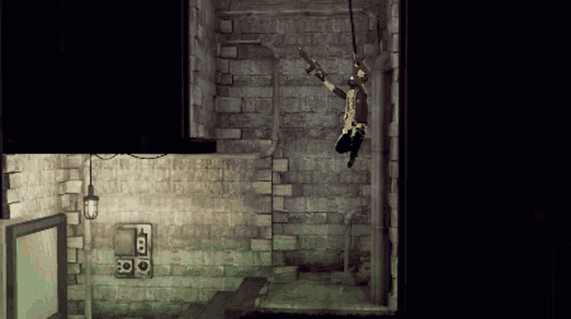 a black and white photo of a person hanging from a rope with the number 30 on the wall