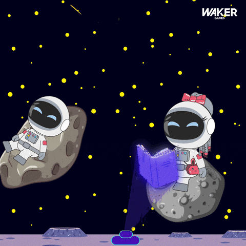 a cartoon illustration of two astronauts reading a book