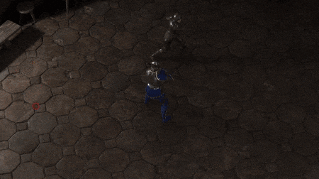 a person in armor is walking on a tile floor