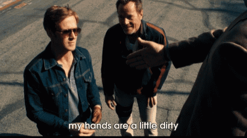 a man says " my hands are a little dirty " while talking to another man