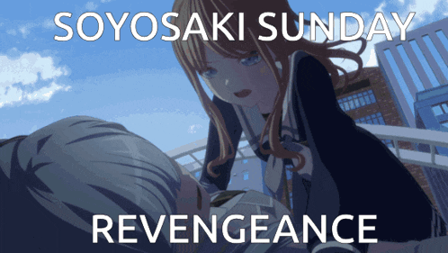 a poster for soyosaki sunday revengeance with a girl and a man