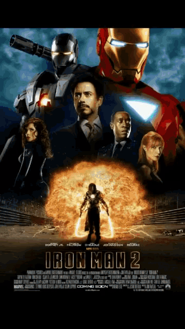 a movie poster for iron man 2 shows a man standing in front of an explosion