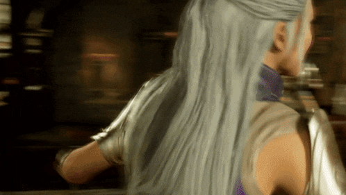 a woman with white hair is wearing a purple top and silver armor