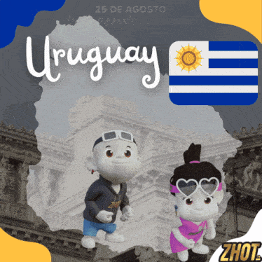 a poster for uruguay shows two stuffed animals and a flag