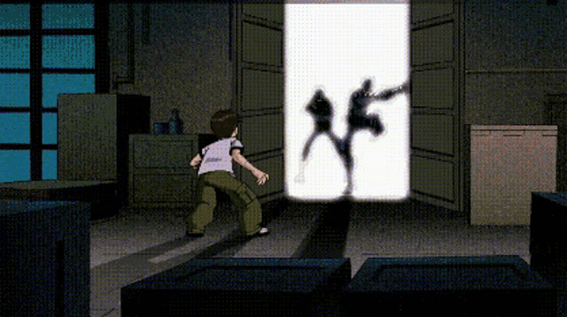 a boy is standing in front of a door with a shadow of a man behind it