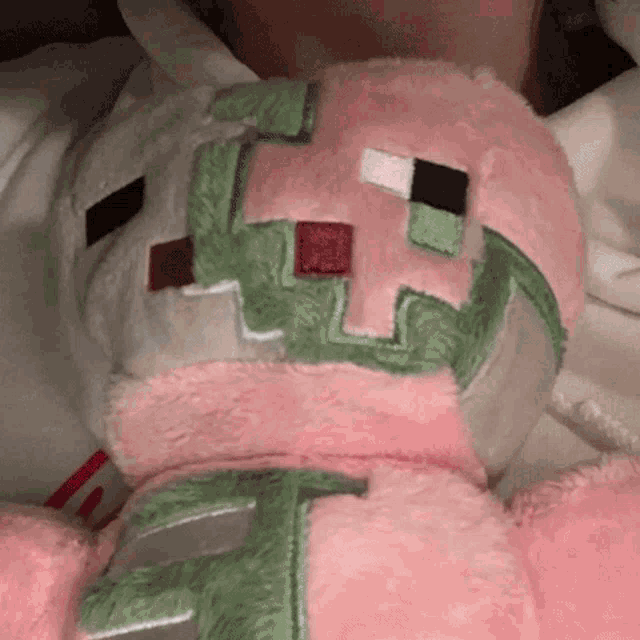 a person is holding a pink and green stuffed animal .