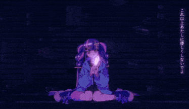 a cartoon of a girl in a purple outfit holding a sword
