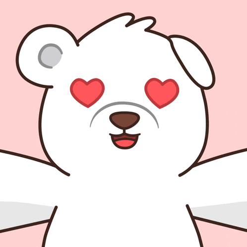 a cartoon dog with heart shaped eyes and a heart in the background