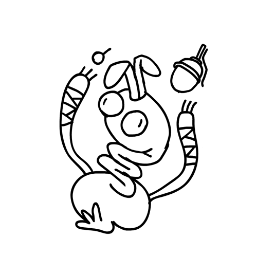 a black and white drawing of a worm with a bottle and an acorn
