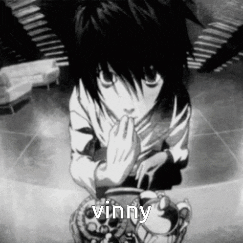 a black and white photo of a person with the name vinny written on it