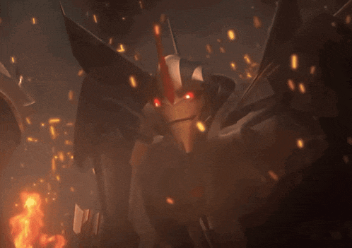 a robot with red eyes is surrounded by flames and smoke