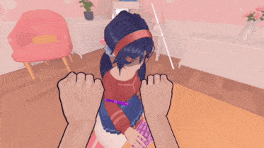 a girl with blue hair and a red headband is being held by a man 's fist