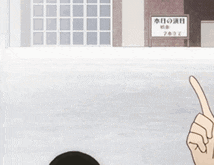 a person pointing at another person with a sign in the background that says ' aoi '