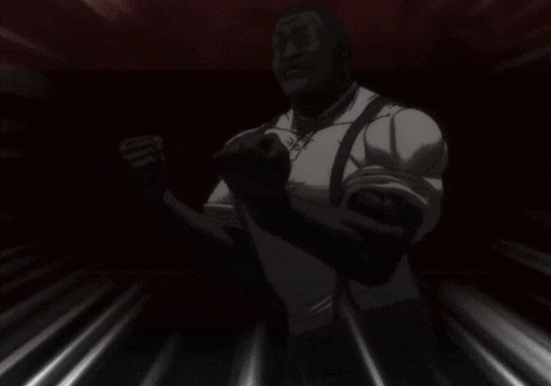 a man in a white shirt and suspenders is smiling in a dark room