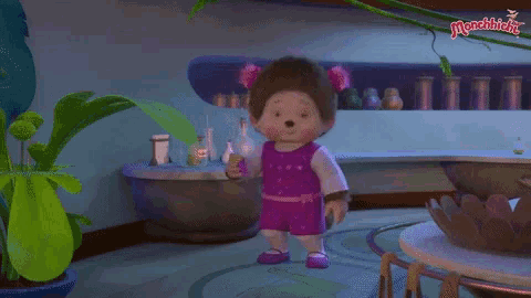 a monchhichi doll is standing in a room surrounded by potted plants