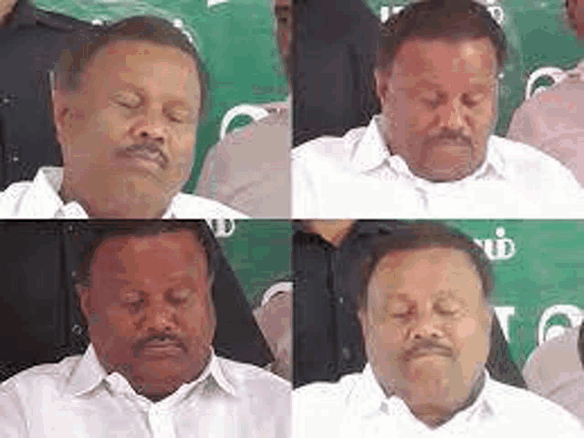a man with a mustache is sleeping with his eyes closed in a collage of four photos .