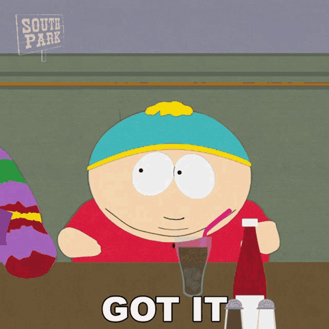 a cartoon character from south park sits at a table drinking a soda