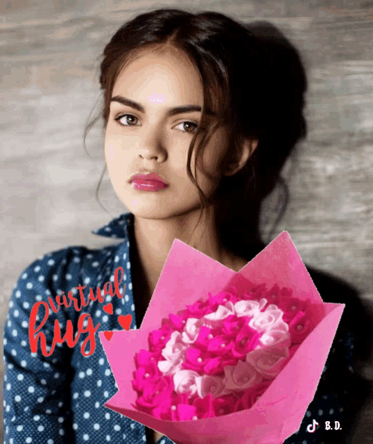 a woman is holding a bouquet of pink roses and the words virtual hug are visible