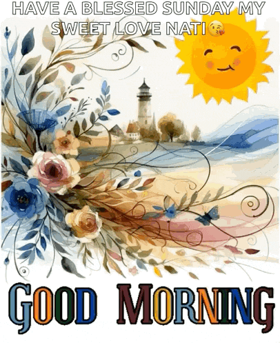 a good morning greeting card with flowers and a sun