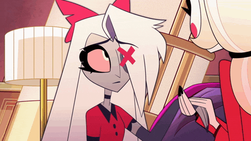 a cartoon character with an x on her head