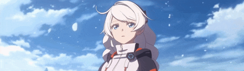 a girl with long white hair and blue eyes is standing in front of a blue sky .