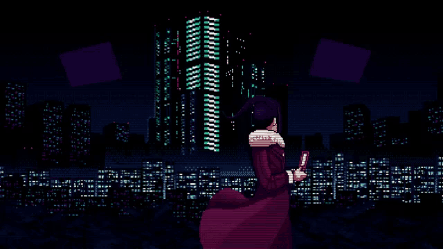 a pixel art of a woman walking in front of a city skyline at night
