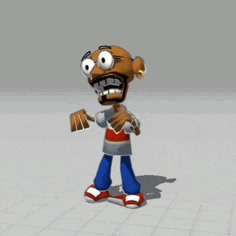 a cartoon character with big eyes and a gold earring is dancing