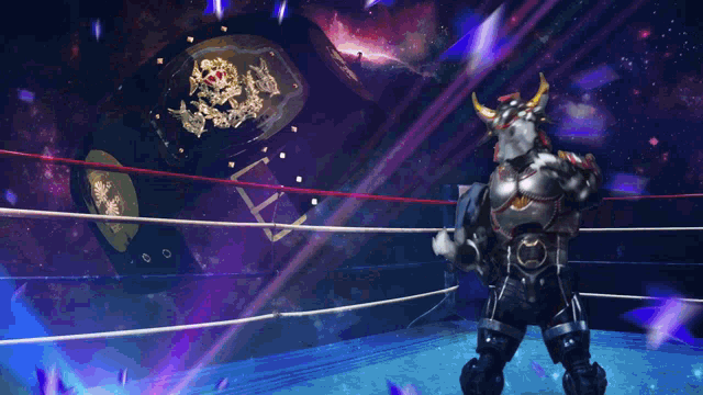 a wrestler stands in a ring in front of a skull and crossbones belt