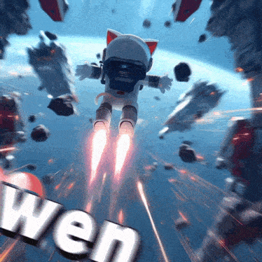a cat in a space suit is flying through the air with the word wen written below him