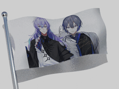 a white flag with a picture of two anime characters on it