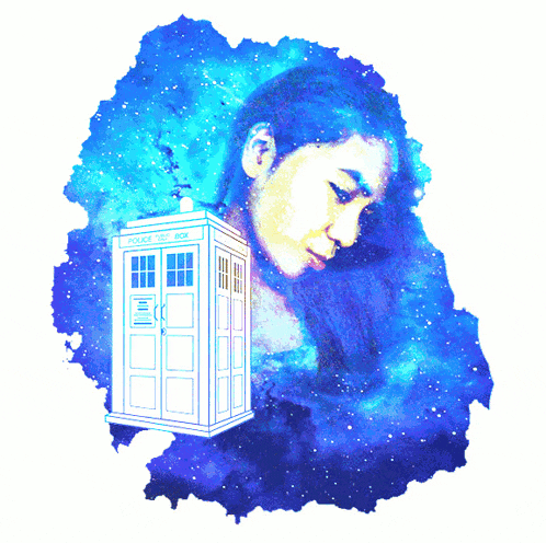 a painting of a woman and a police box in the background