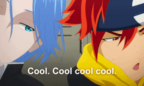 two anime characters are standing next to each other with the words cool cool cool on the bottom