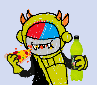 a cartoon of a monster holding a bottle of mountain dew