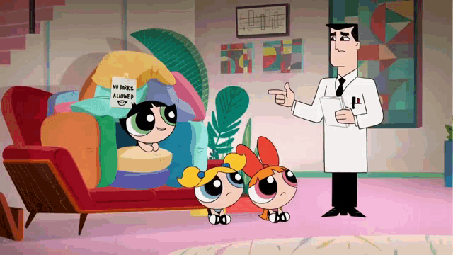 a cartoon character pointing to a sign that says no dogs allowed