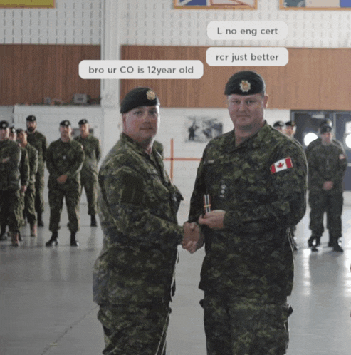 two soldiers shaking hands in front of a group of soldiers with one saying bro ur co is 12year old