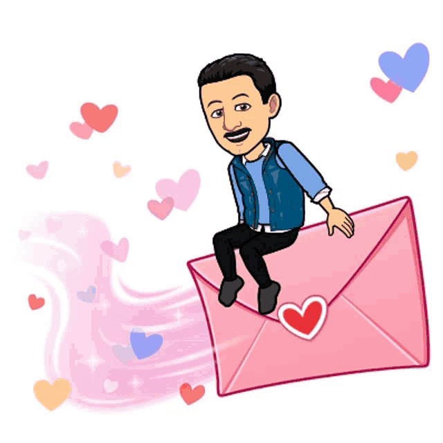 a cartoon of a man sitting on top of an envelope with hearts coming out of it