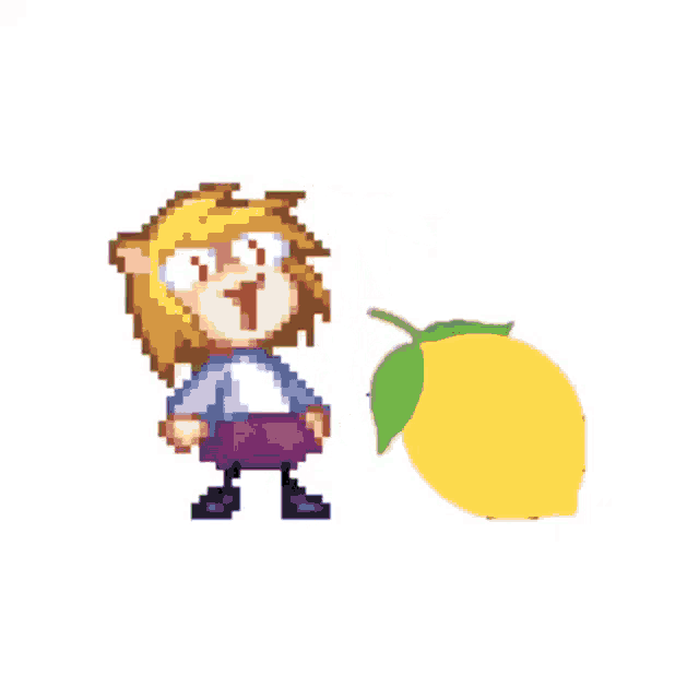 a pixel art of a person standing next to a lemon .