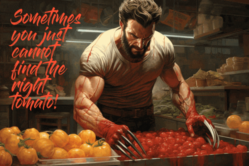 a painting of wolverine reaching into a tray of tomatoes