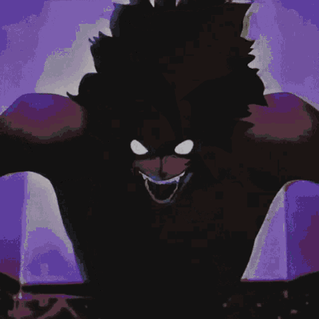a close up of a cartoon character with glowing eyes and a purple background .