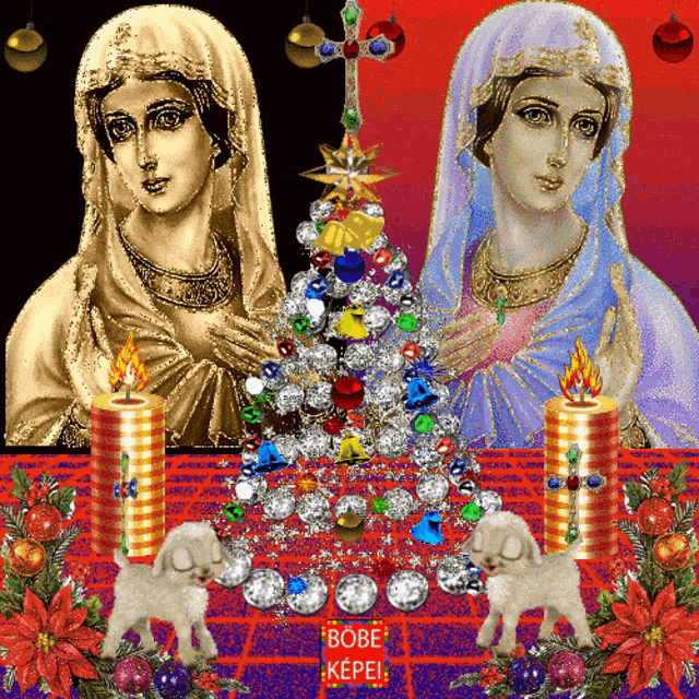a christmas card with two women and a christmas tree with the words bobe kopel on the bottom