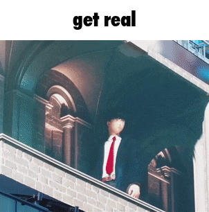 a man in a suit and tie is standing on a balcony with the words " get real " above him