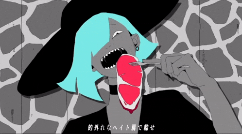 a cartoon of a woman with blue hair eating a piece of meat