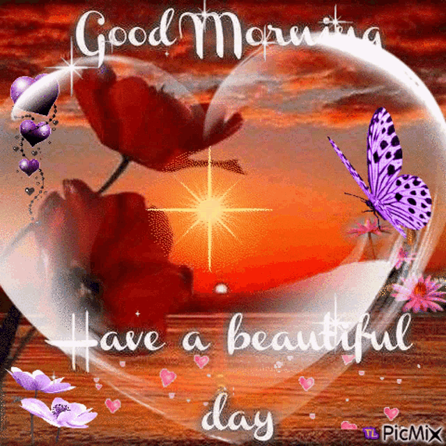 a picture of a heart with flowers and butterflies and the words " good morning have a beautiful day "