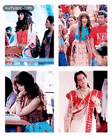 a collage of four pictures of a woman in different dresses