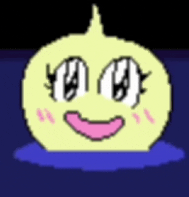 a pixel art drawing of a yellow onion with a pink tongue and a smiling face .