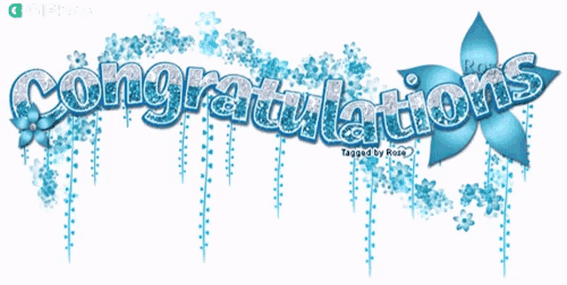a congratulations sign with blue flowers and leaves on a white background