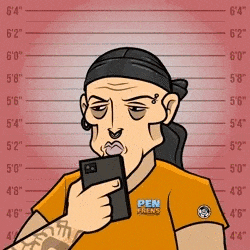 a cartoon of a man holding a cell phone in front of a police lineup