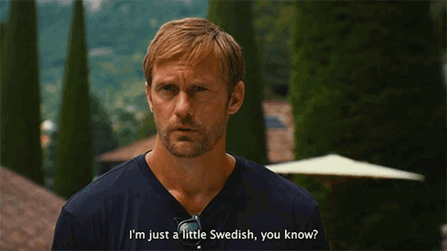 a man in a black shirt says " i 'm just a little swedish "