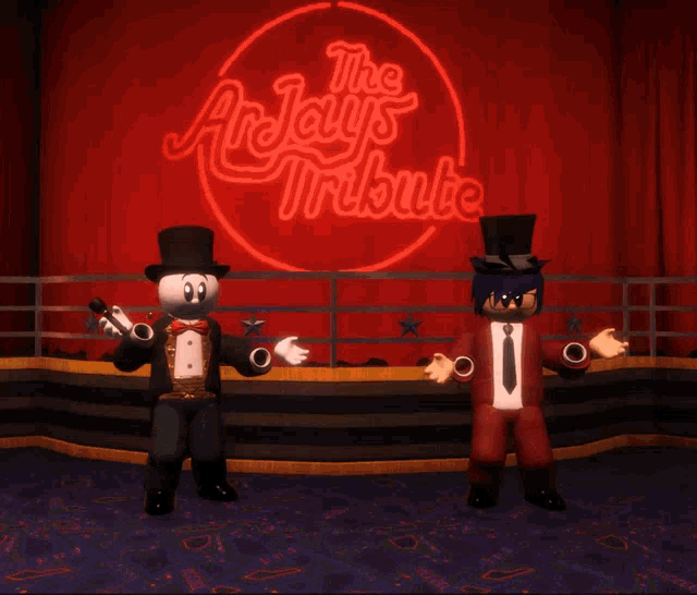 two cartoon characters are standing in front of a sign that says " the jays tribute "